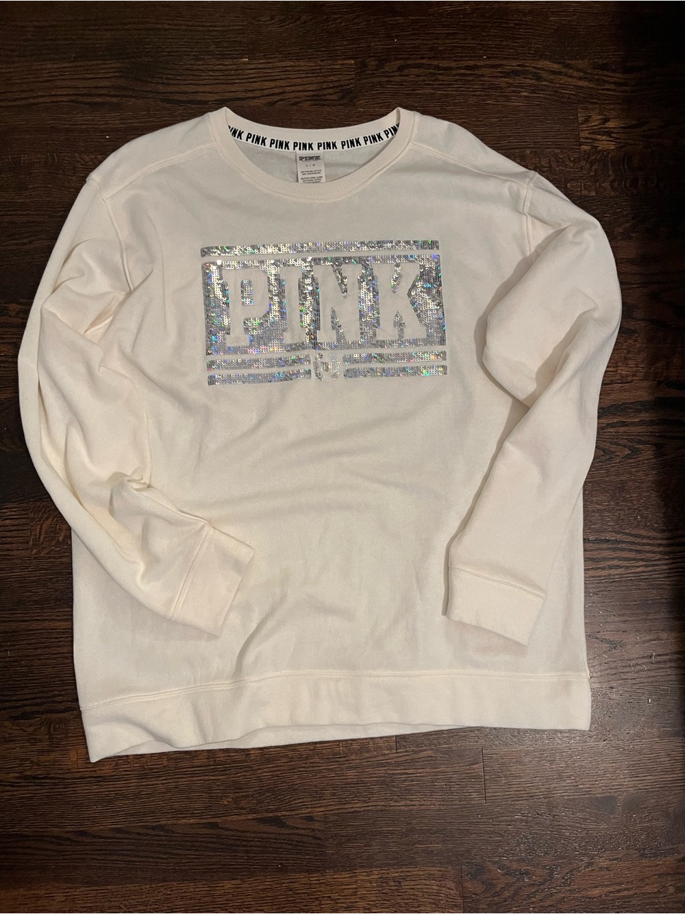 Victoria’s Secret PINK Ivory Sequin Logo Crewneck Sweatshirt Y2K Size L
